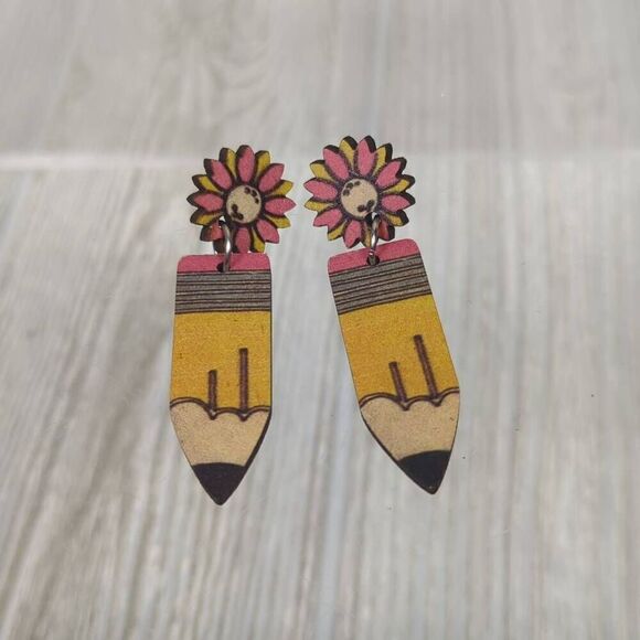 Handmade Womens Floral Pencil Pierced Earrings Yellow Pink Teachers Gift 2.5" - Picture 1 of 5